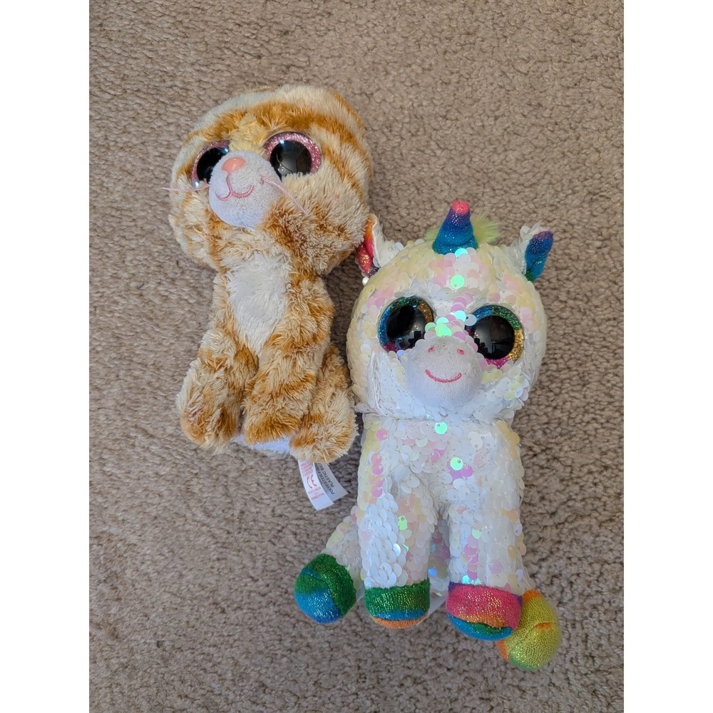 Ty Beanie Boos Tabitha Cat and Pixy Sequin Unicorn Plush Lot 6 inch Glitter Eyes